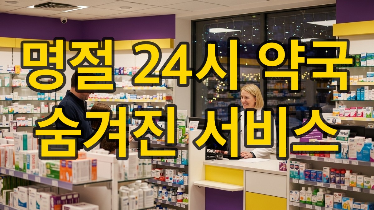 명절 심야, 따뜻한 조명 아래 약사님이 환자에게 친절하게 상담해주는 24시간 약국 내부 모습. 안심하고 찾을 수 있는 의료 서비스의 중요성을 강조합니다.