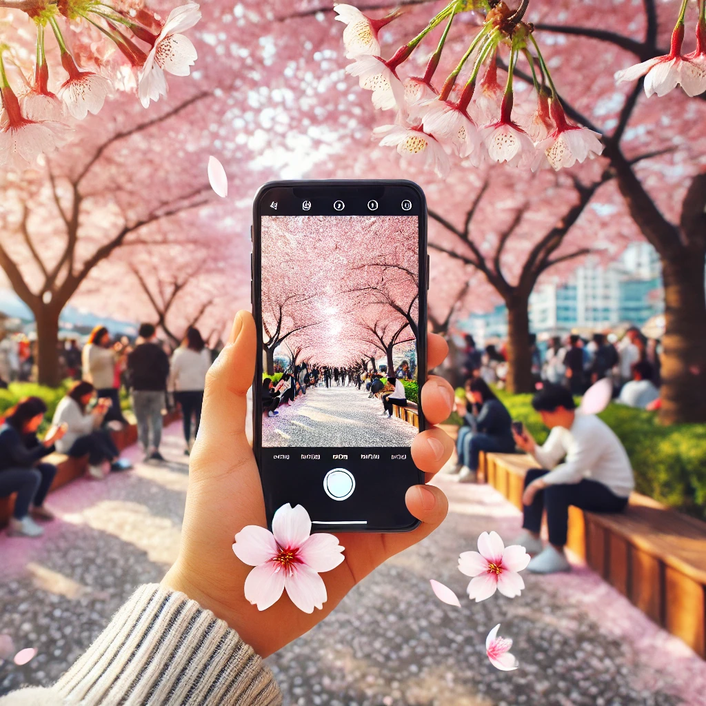 벚꽃 사진을 찍는 모습을 담은 그림