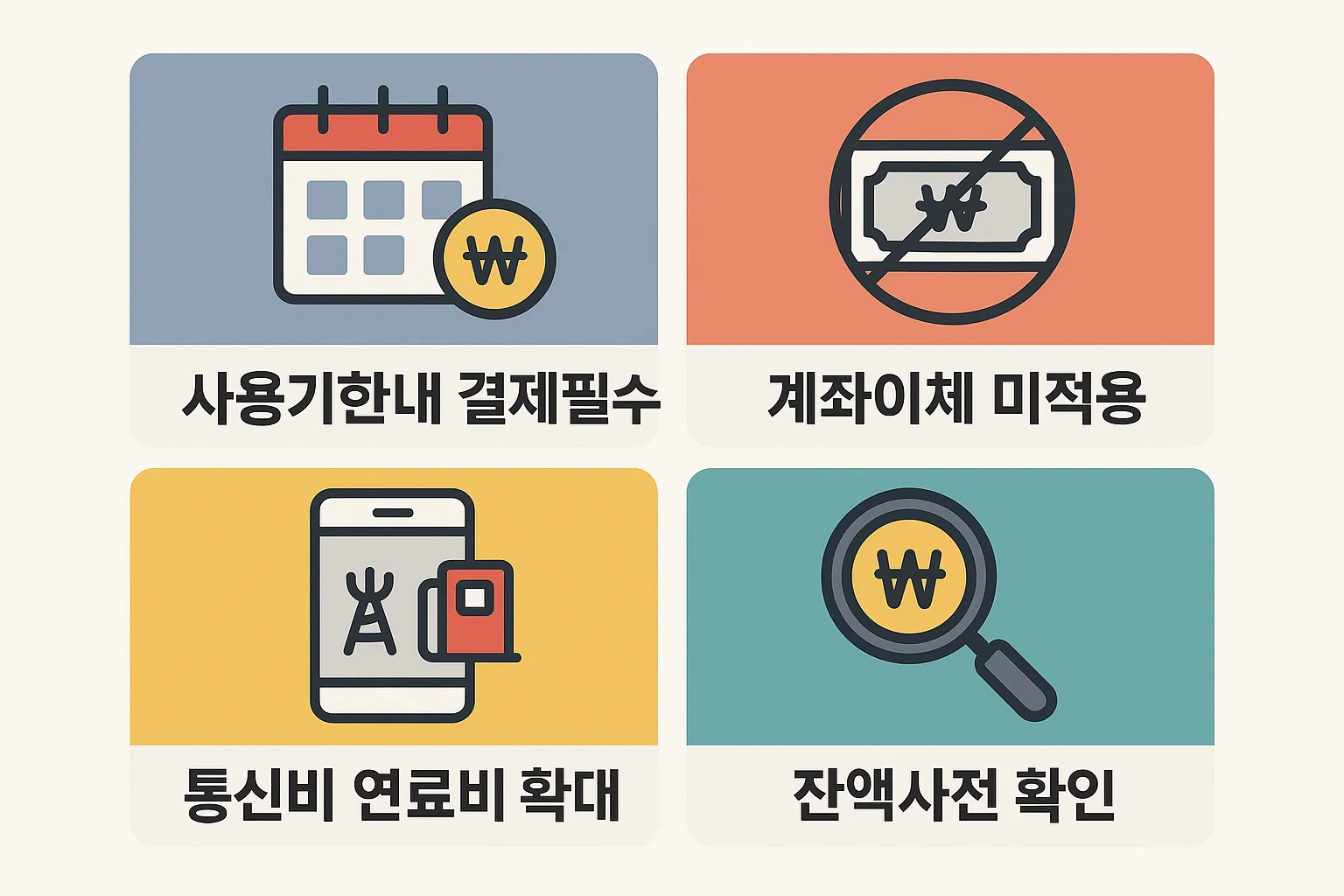 부담경감크레딧 자동이체 주의사항과 활용팁을 담은 인포그래픽으로, 사용기한 내 결제필수&middot;계좌이체 미적용&middot;통신비&middot;연료비 포함&middot;잔액사전 확인 등의 내용을 정리한 시각자료.