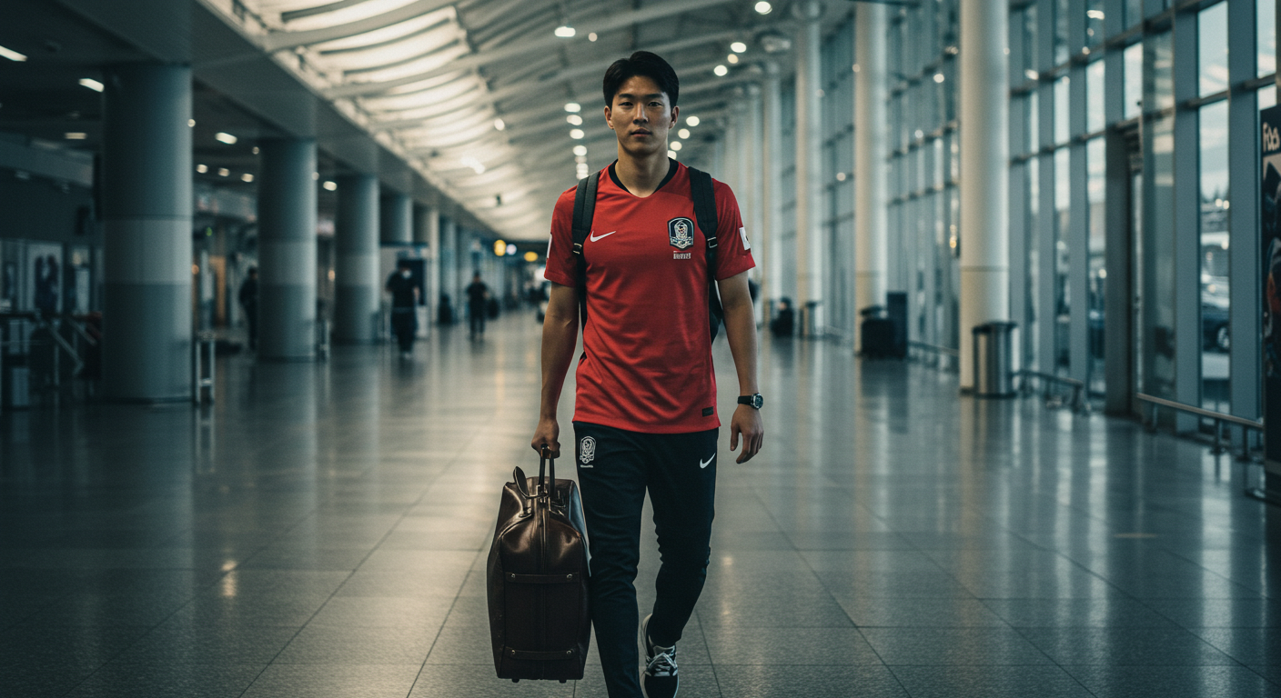 공항에서 대표팀 유니폼을 입고 이적하는 손흥민을 상징하는 이미지