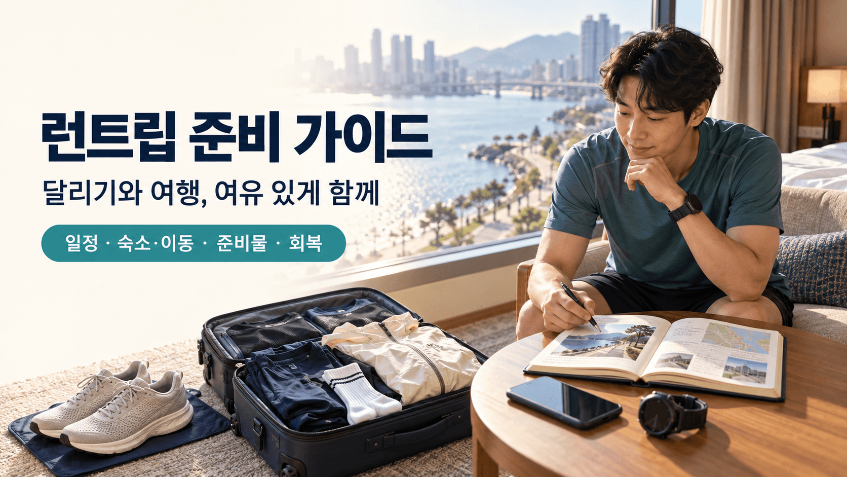 강변이 보이는 숙소에서 러닝화와 운동복을 챙긴 여행 가방 옆으로 일정을 살펴보는 러너와 ‘런트립 준비 가이드, 달리기와 여행을 여유 있게 함께’라는 안내 문구