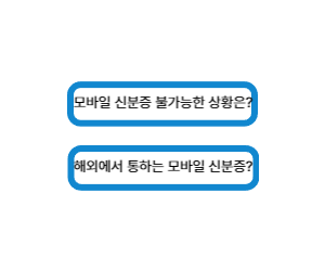 모바일 신분증 관련 질문 두 가지가 파란색 테두리 상자 안에 한국어로 적혀 있는 이미지. 질문 내용은 "모바일 신분증 불가능한 상황은?"과 "해외에서 통하는 모바일 신분증?"이다.