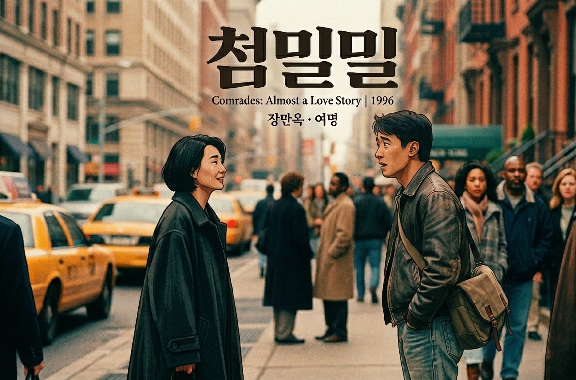 영화 첨밀밀1996 리뷰 썸네일, 뉴욕에서 재회하는 두 주인공을 담은 감성 일러스트, 90년대 홍콩 멜로 미학 오마주