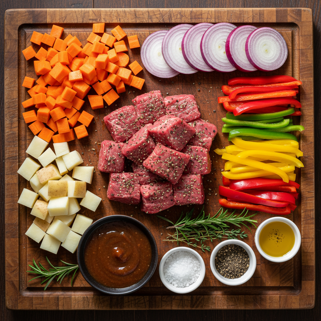 찹스테이크 재료 손질된 모습 (소고기, 채소)
