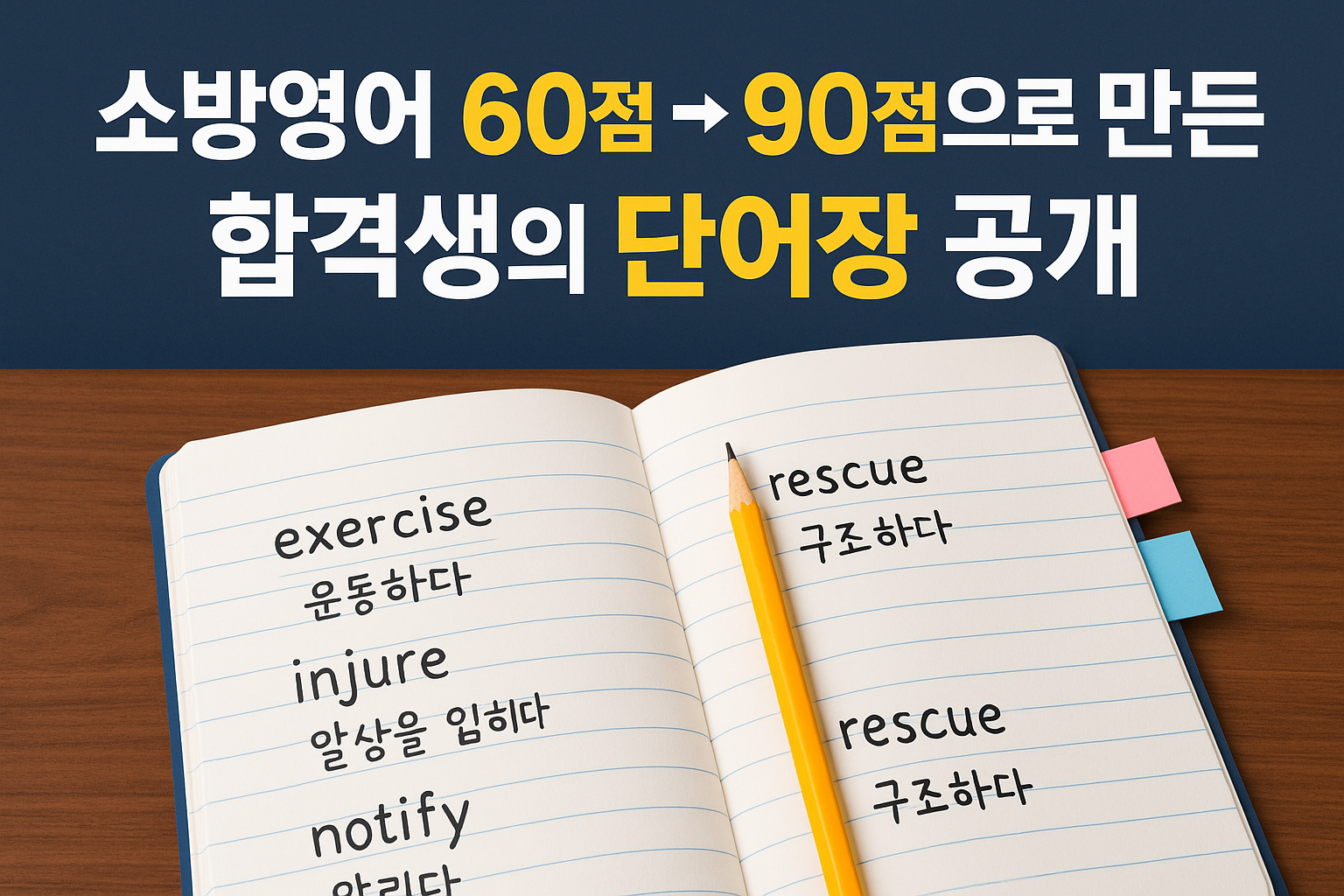 책상위-영어단어장-소방영어단어-연필-인덱스지-단어암기