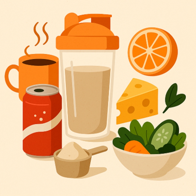 단백질과 함께 먹으면 흡수를 방해할 수 있는 음식 조합을 묘사한 일러스트. 커피, 탄산음료, 과일, 고지방 음식, 생야채 등이 단백질 쉐이크와 함께 놓여 있는 모습.