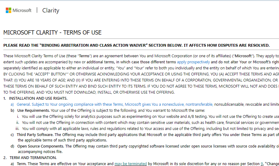 마이크로소프트 선명도 이용약관 내용