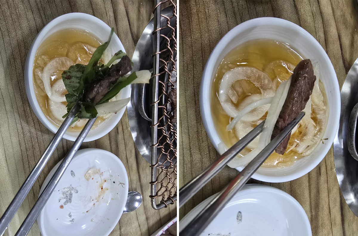 살짝 익은 고기는 양파와 나물 겉절이에 싸서 한입