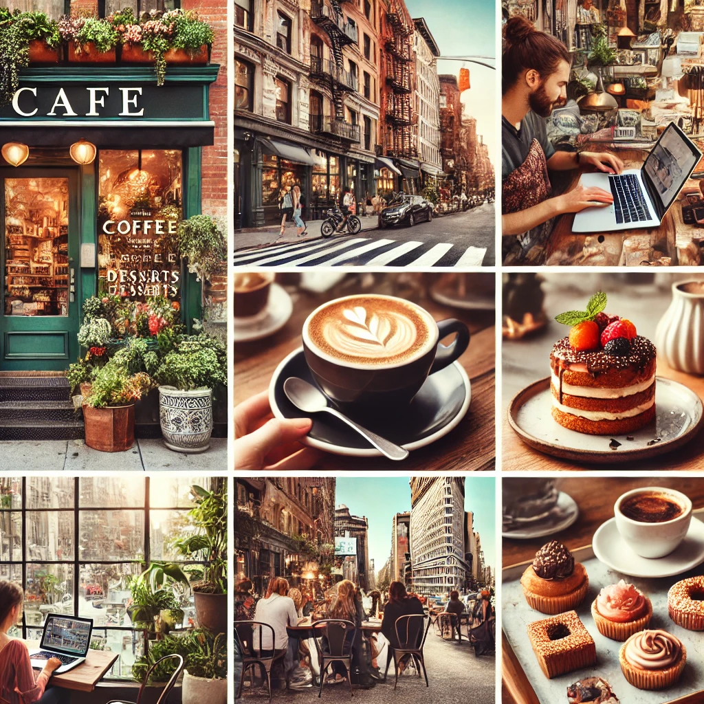 뉴욕의 감성 카페 외관, 감각적인 커피와 디저트, 창가 자리에서 노트북 하는 사람들 모습 콜라주
