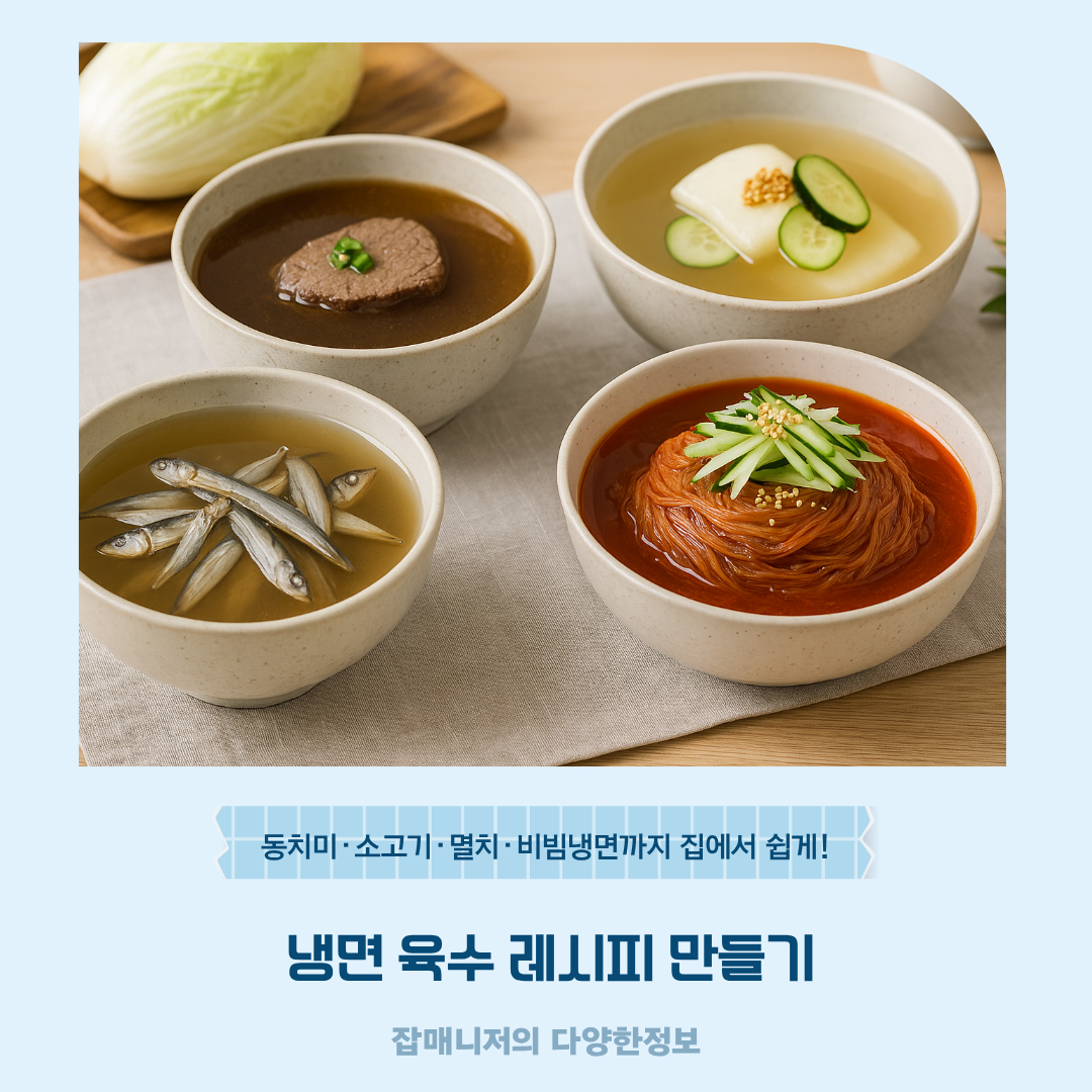 냉면 육수 레시피 만들기, 동치미·소고기·멸치·비빔냉면까지 집에서 쉽게!