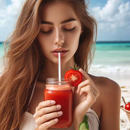 토마토주스-해변-여성