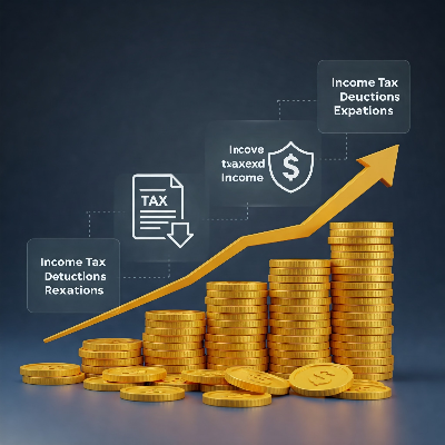 동전이 쌓인 그래프와 소득공제, 비과세 아이콘이 함께 있는 이미지