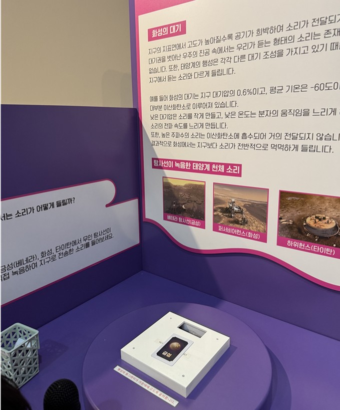 어린이과학관에 전시되어있는 행성에서는 소리가 어떻게 들릴지에 관한 전시물.