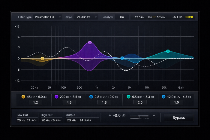 이퀄라이저 필터 적용 시 발생하는 주파수 곡선과 위상 변화 지표 그래프