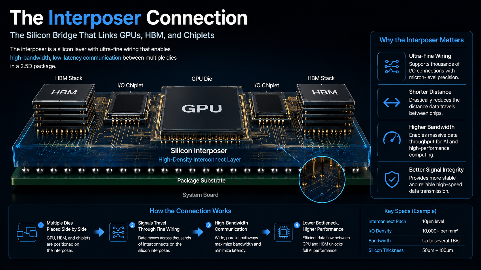 Silicon interposer connecting GPU HBM and chiplets in 2.5D semiconductor packaging