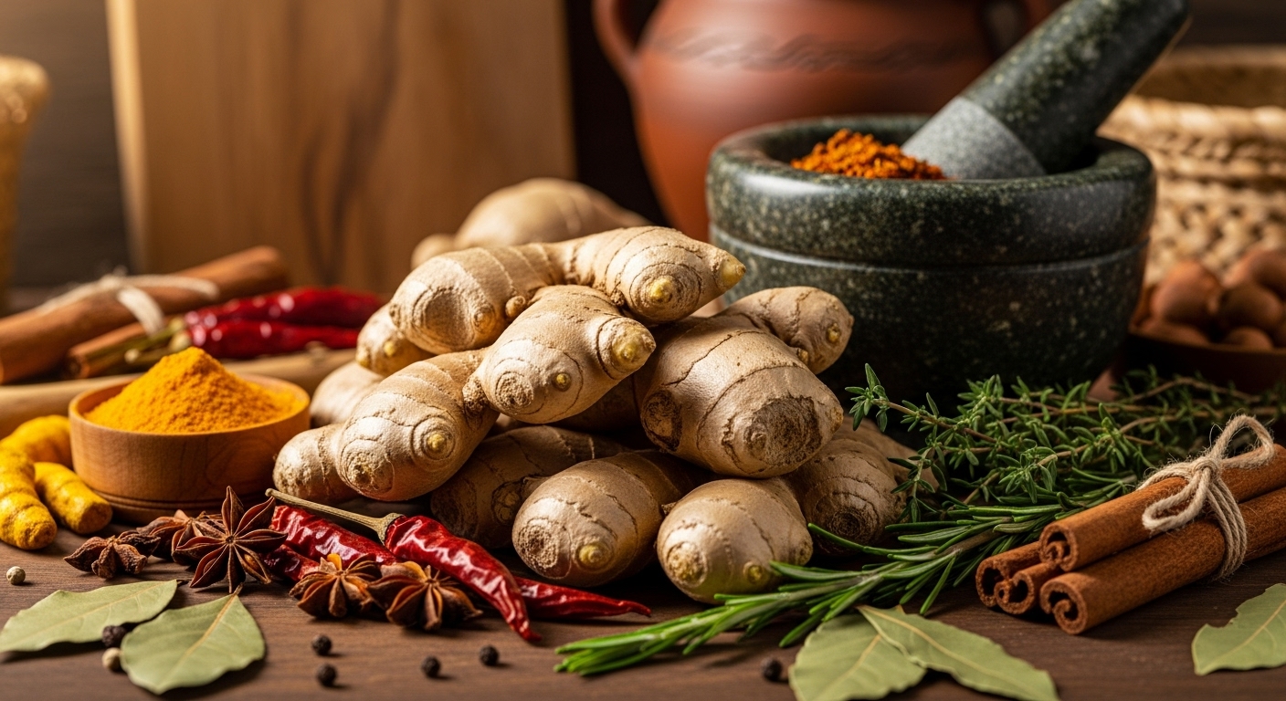 신선한 생강 뿌리가 쌓여 있고 절구가 함께 놓인 모습. 생강차의 자연 재료와 건강 효능을 암시하는 이미지.