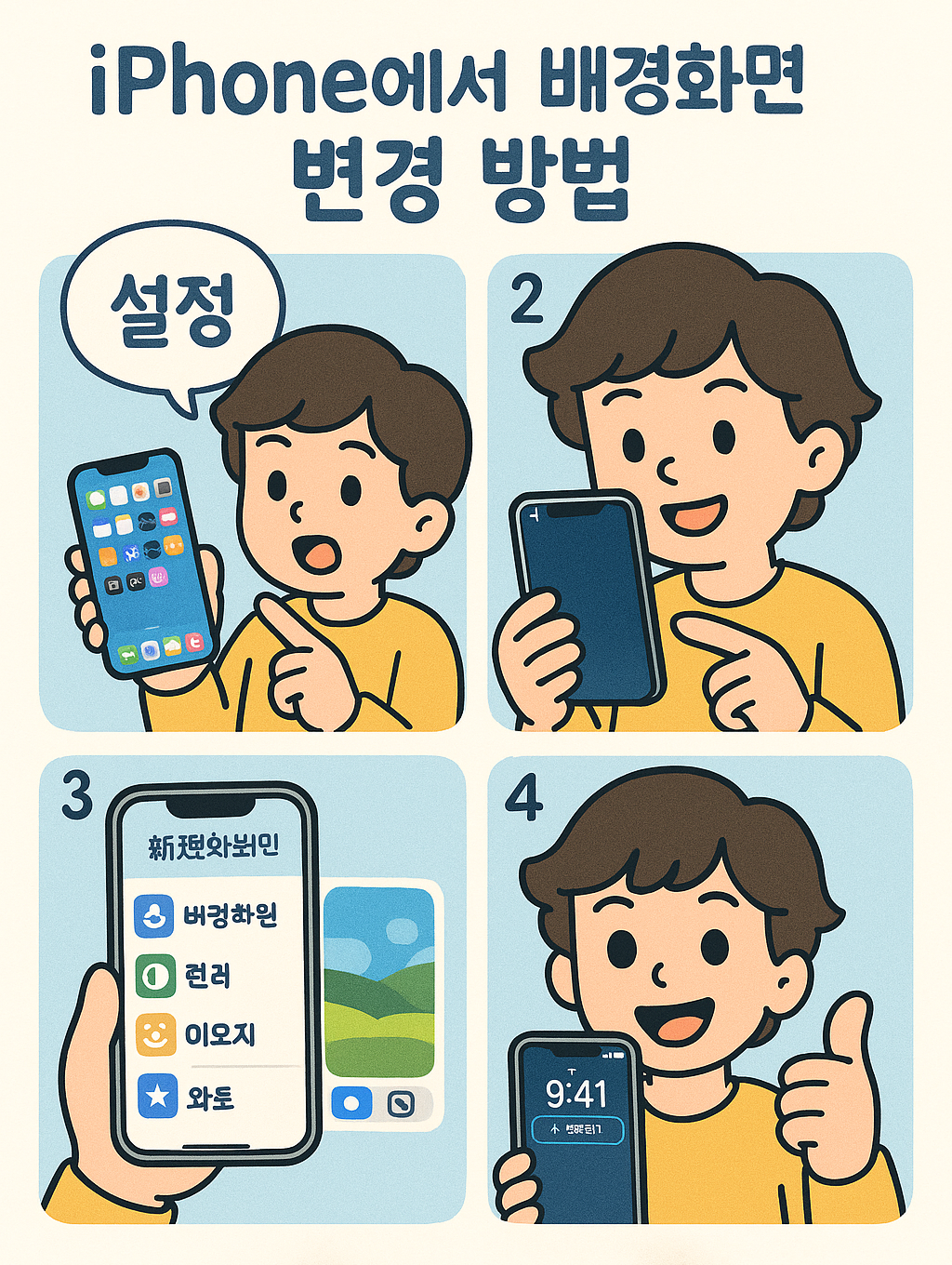 iPhone 배경화면 변경 방법을 설명하는 4칸 일러스트 이미지.
1번 칸: 노란 셔츠를 입은 소년 캐릭터가 아이폰을 들고 &lsquo;설정&rsquo; 앱을 가리키며 말하고 있음.
2번 칸: 캐릭터가 배경화면을 고르는 장면.
3번 칸: 아이폰 화면에 배경화면 종류(버경화윈, 컬러, 이모지, 와돋)가 나열되어 있으며, 오른쪽엔 배경 미리보기 창이 있음.
4번 칸: 캐릭터가 잠금화면이 설정된 아이폰을 들고 엄지척하며 웃고 있는 모습.