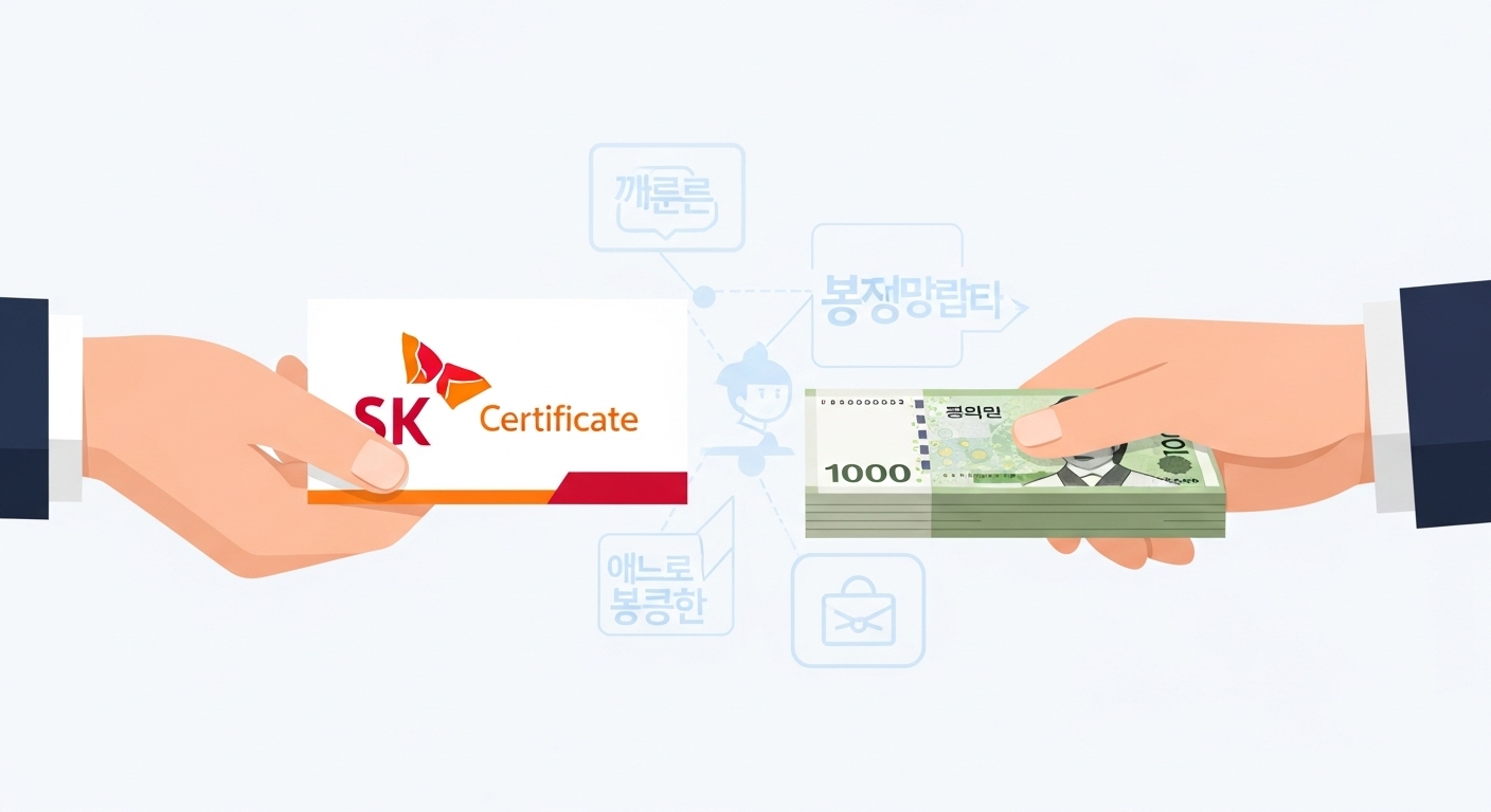 한 손이 SK상품권을 건네고 다른 손이 한국 지폐를 받는 모습으로, SK상품권 현금화 과정을 시각적으로 표현