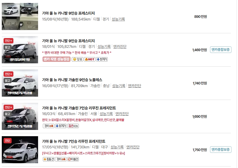 기아 카니발 중고차 가격 시세표 유지비