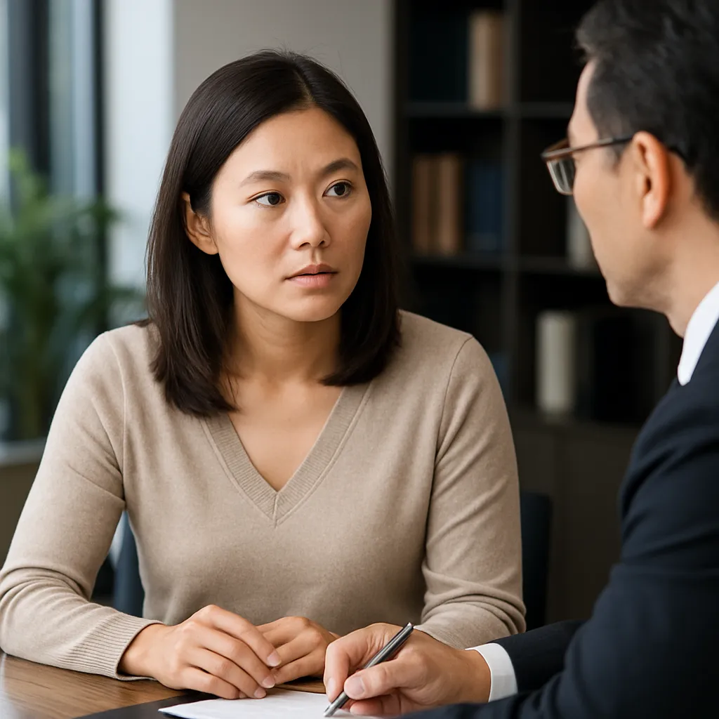법률 사무실에서 변호사와 상담 중인 여성