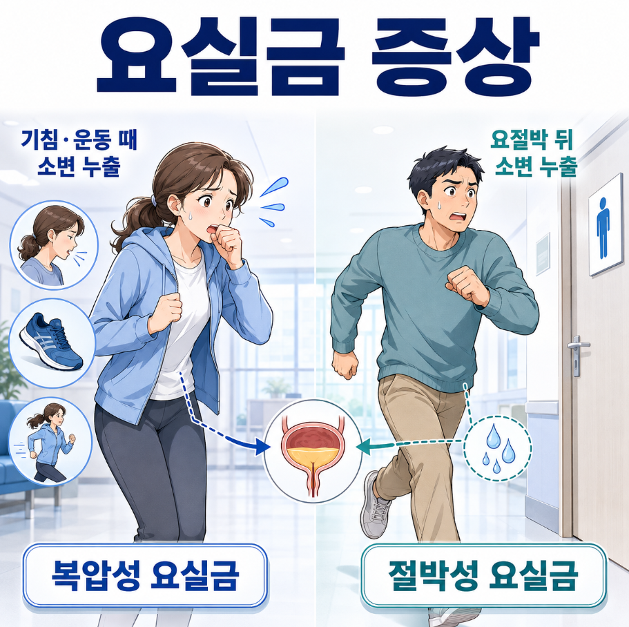 기침&middot;운동 때 소변이 새는 복압성 요실금과 요절박 뒤 누출되는 절박성 요실금 증상 비교