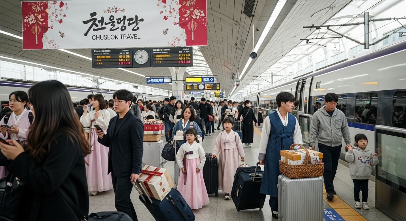 추석 귀성객으로 붐비는 기차역 대합실