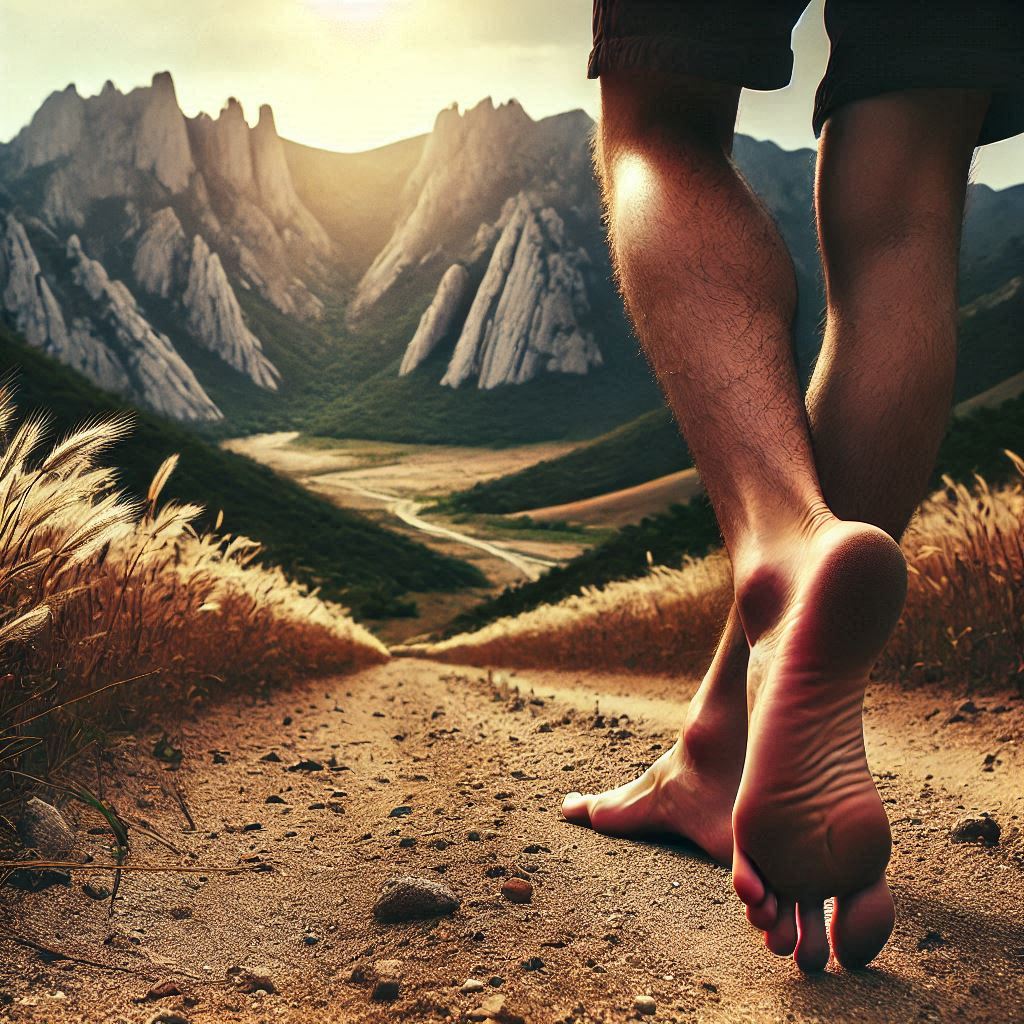 Vista de caminar descalzo en el sendero de tierra amarilla en Gyejoksan