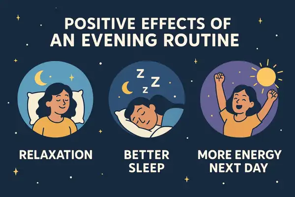 저녁 루틴의 긍정적 효과(이완, 숙면, 다음날 에너지)를 시각화한 3단 구성 인포그래픽 — 밤하늘 배경과 원형 아이콘 구성 포함