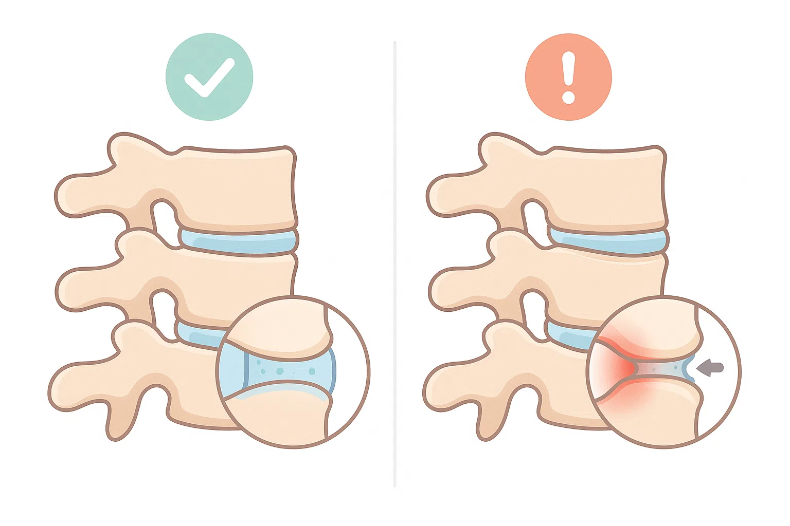경추 후관절 구조를 단순화한 의료 일러스트, 관절면이 좁아지고 연골이 닳은 모습을 비교 인포그래픽(정상 vs 손상)