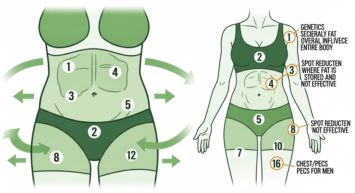 인체 각 부위의 지방 분포와 전신에 걸쳐 일어나는 체지방 감소 과정을 설명하는 삽화