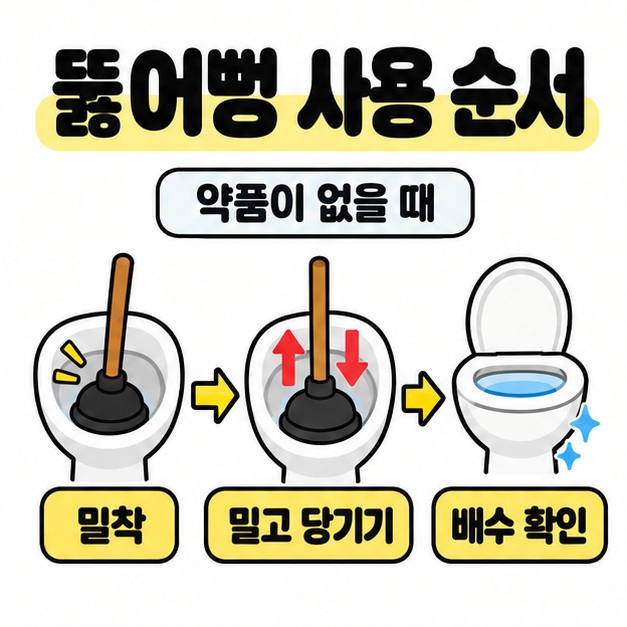 약품이 없을 때라는 문구 아래 뚫어뻥 밀착, 밀고 당기기, 배수 확인의 세 과정을 변기 그림과 화살표로 보여주는 이미지