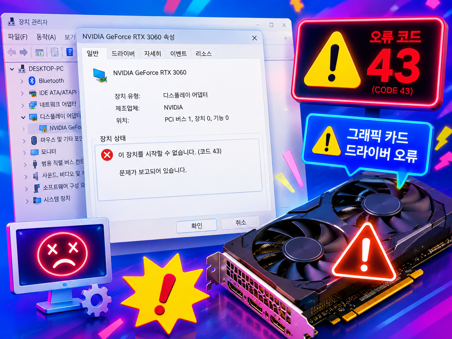 그래픽카드 드라이버 코드43 오류 해결방법 총정리 장치관리자 노란느낌표 원인
