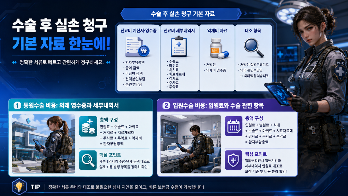 수술 후 실손 청구 기본 자료와 통원수술·입원수술 비용 확인 항목을 정리한 16:9 인포그래픽