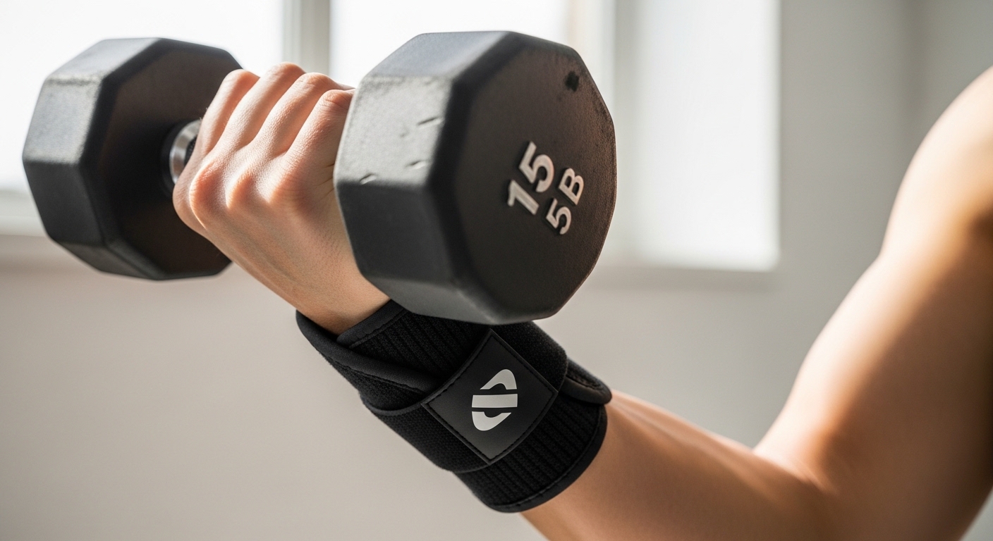 손목 아대를 하고 덤벨을 들고 있는 모습