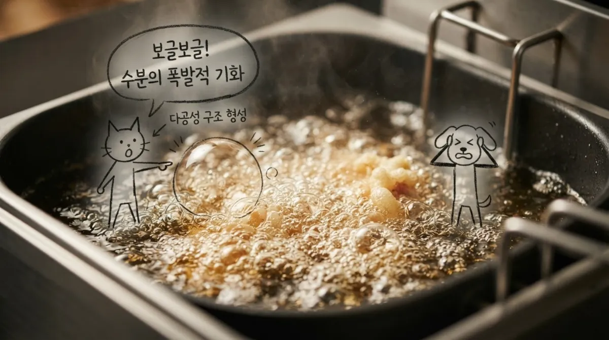 보글보글 끓는 기름 솥 안에서 수분이 폭발적으로 기화하며 다공성 구조가 형성되는 순간을 클로즈업으로 보여주는 본문 일러스트, 놀라워하는 스틱 고양이과 귀를 막은 스틱 개