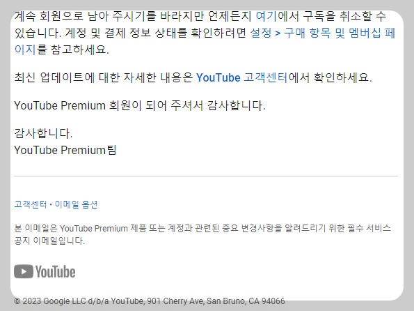 유튜브 가격인상 메일