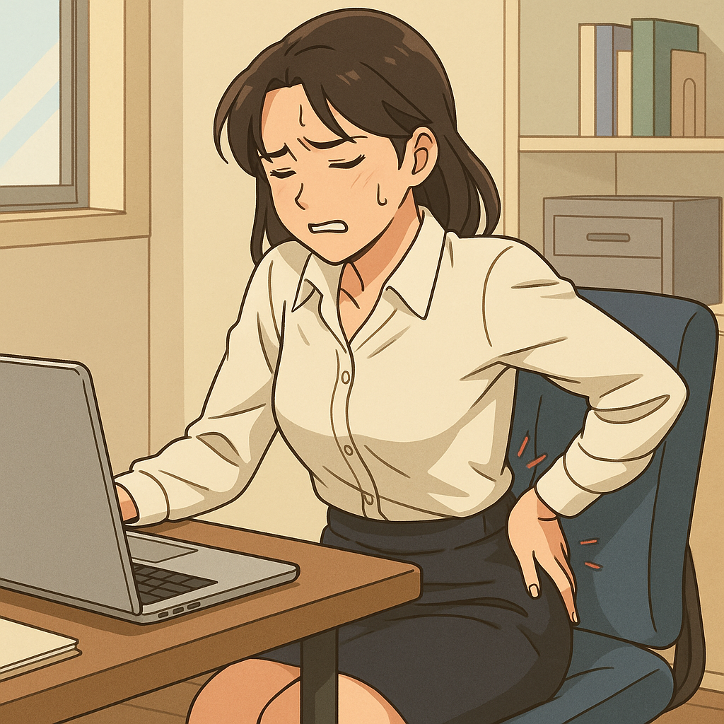 사무실에서 허리통증으로 아파하는 여성