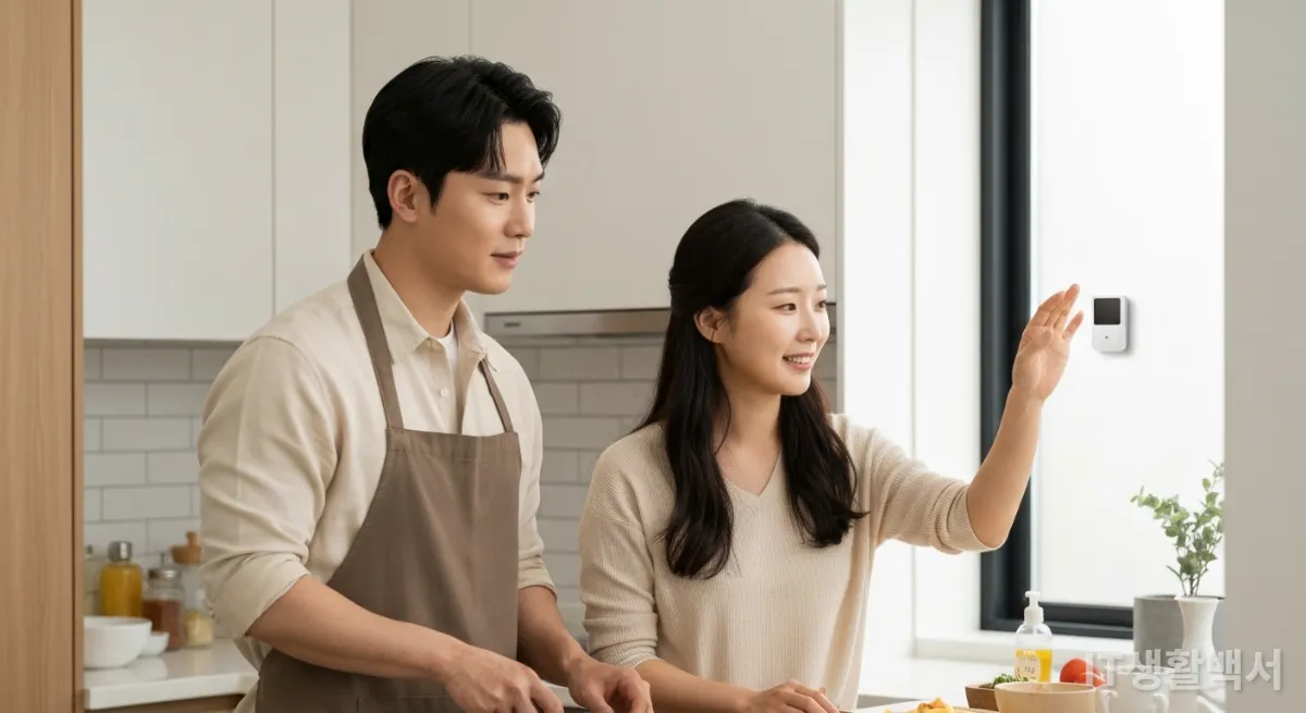 주방 벽에 설치된 스마트 센서를 바라보는 한국인 부부