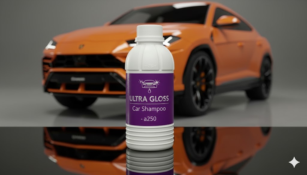 고급외제차량 앞에 놓인 a250 고광택 카샴푸 용기. 슈퍼카 디테일링 용품으로서의 가치를 보여줌