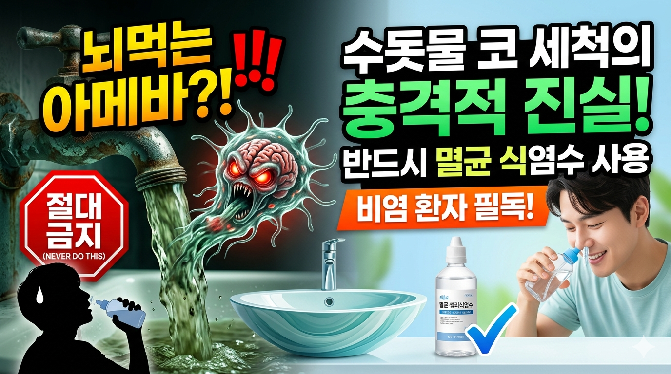 코 세척 중인 사람의 실루엣과 수돗물의 위험성을 경고하는 해골 아이콘 이미지