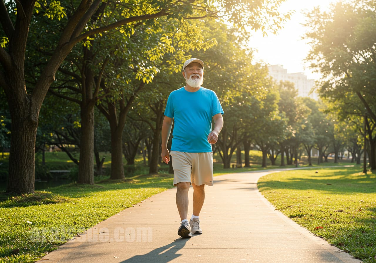 공원 길을 걷는 고령 여성이 햇볕을 받으며 밝게 웃고 있습니다. 비타민D와 운동으로 뼈 건강을 지키는 모습을 표현합니다.
