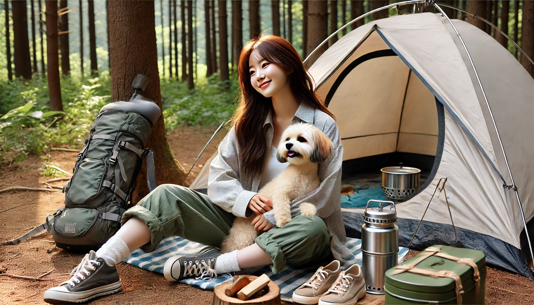 반려견과 캠핑하는 모습