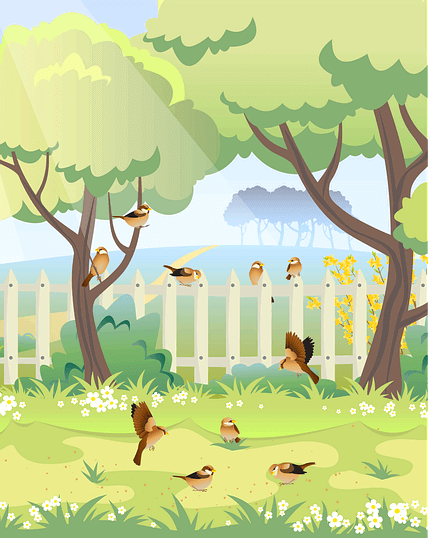 나뭇잎이 풍성한 나무 2그루가 있다. 나뭇가지와 풀밭엔 수많은 참새들이 앉아있고, 풀밭엔 하얀 꽃들도 피었다.