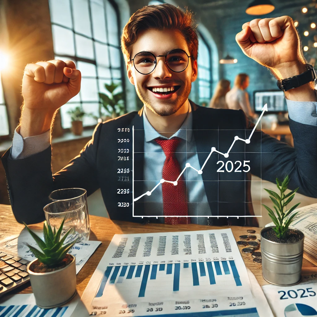 성공적인 주식 투자로 수익을 축하하는 젊은 투자자