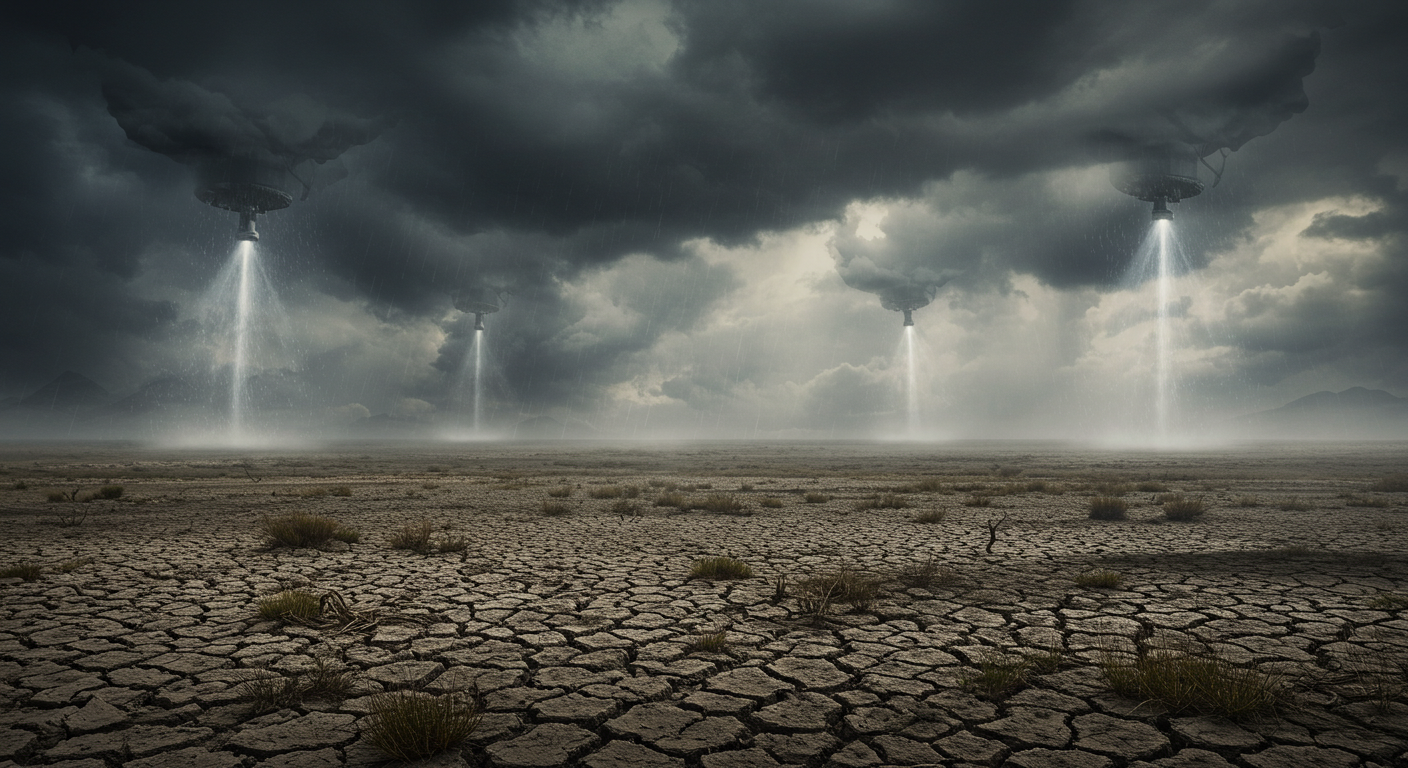 드론이 건조한 대지 위에서 비를 유도하는 인공강우 시뮬레이션 이미지