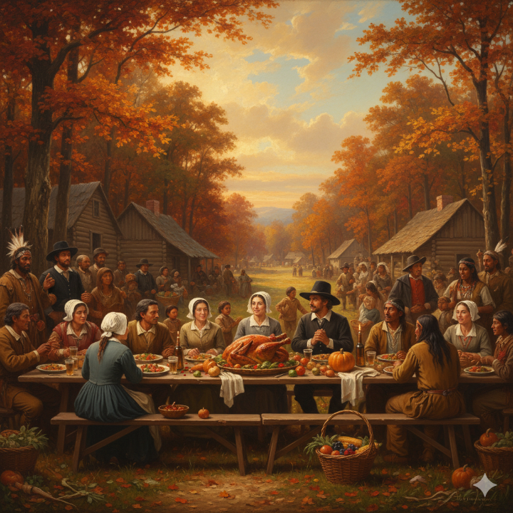 초기 정착민들과 원주민들이 함께 식사하는 상상화
