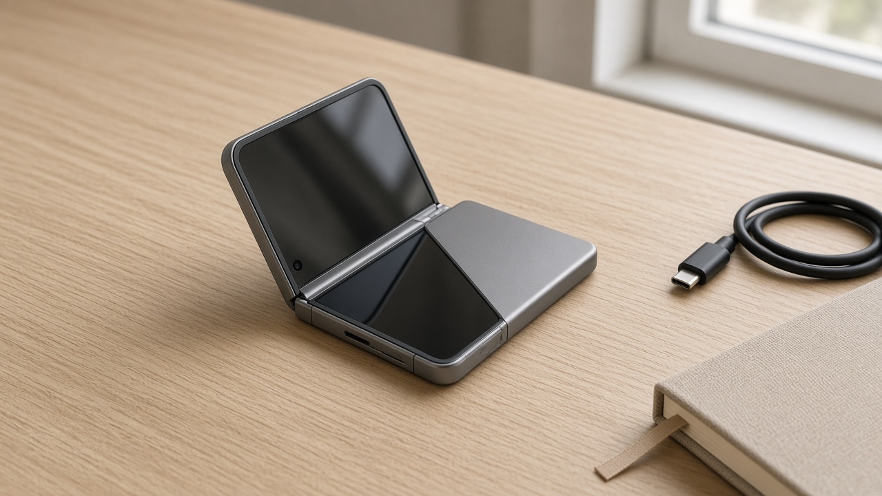 밝은 나무 책상 위에 반쯤 접힌 채 놓인 티타늄 폴더블 스마트폰과 USB-C 케이블