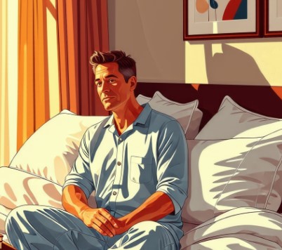 아침에 잠에서 깬 남성이 침대에 앉아 있습니다.