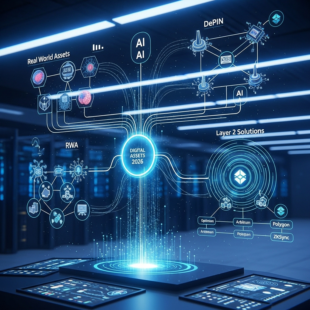 AI, DePIN, RWA, Layer 2 솔루션 등 2026년 주목받는 새로운 디지털 자산 트렌드를 나타내는 복잡하고 혁신적인 디지털 네트워크 시각화