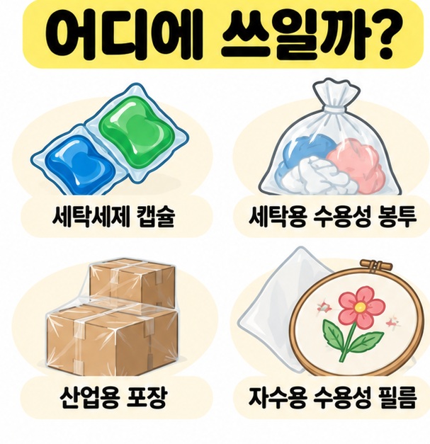 세탁세제 캡슐과 세탁용 봉투, 자수용 수용성 필름의 대표 사용처를 보여주는 카드